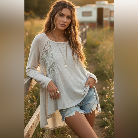 Free People Sweaters - Free People Oversized XS Boho Linen Cotton Mixed Media Knit Lace Sweater Cream